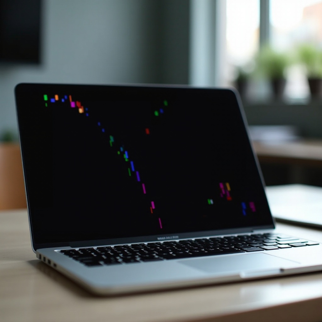 macbook pro layar hitam dengan garis berwarna